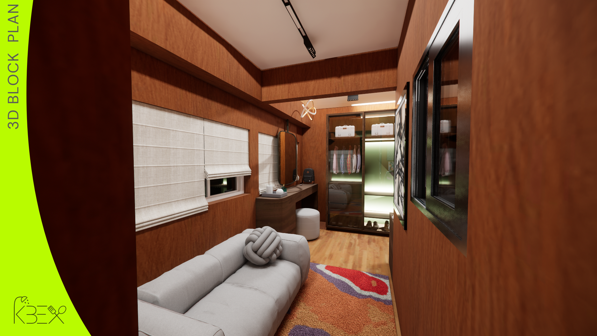 Lounge area with walnut panelling and vanity