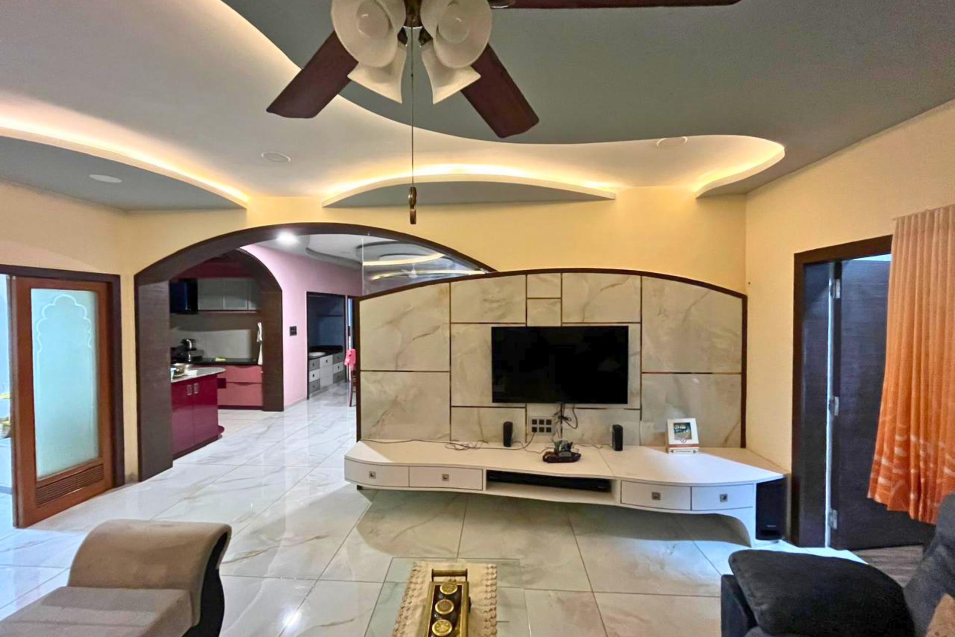 Warm modern lounge interior design 4BHK residence KBEX Ahmedabad