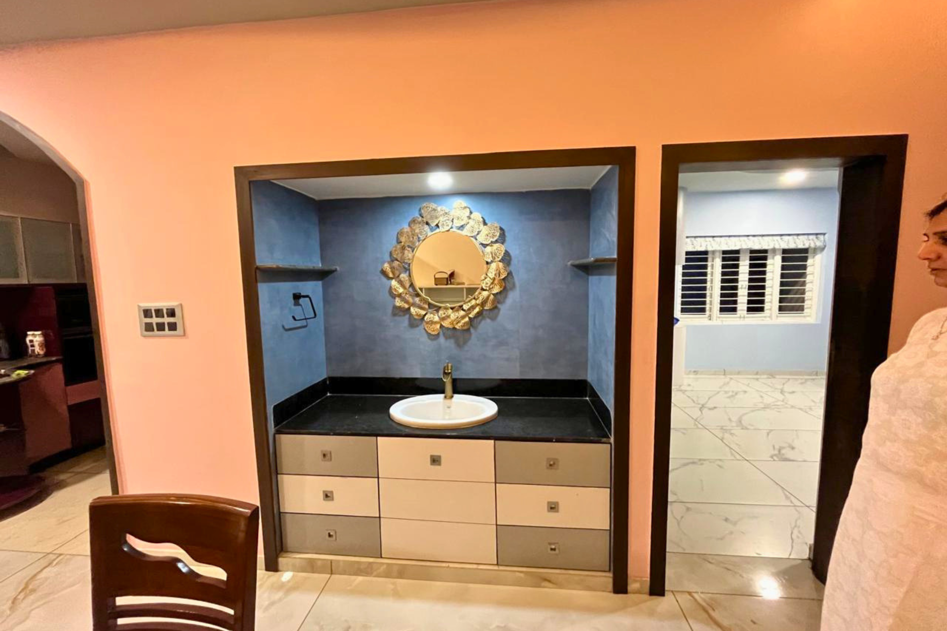 Pooja niche storage unit interior design 4BHK Hindu home Ahmedabad