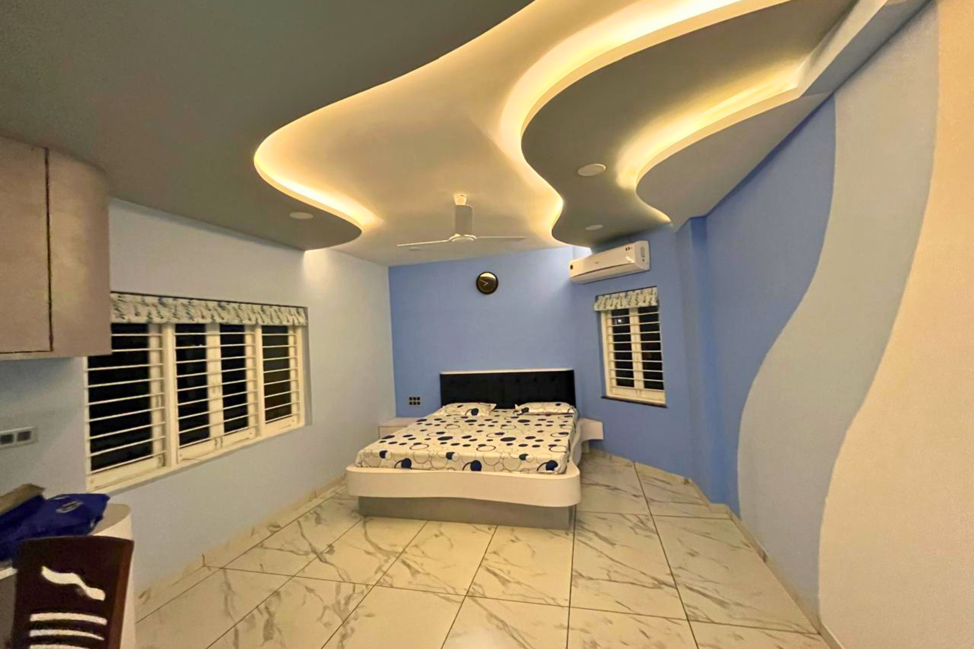 Blue wave bedroom design 4BHK residence interior Ahmedabad KBEX