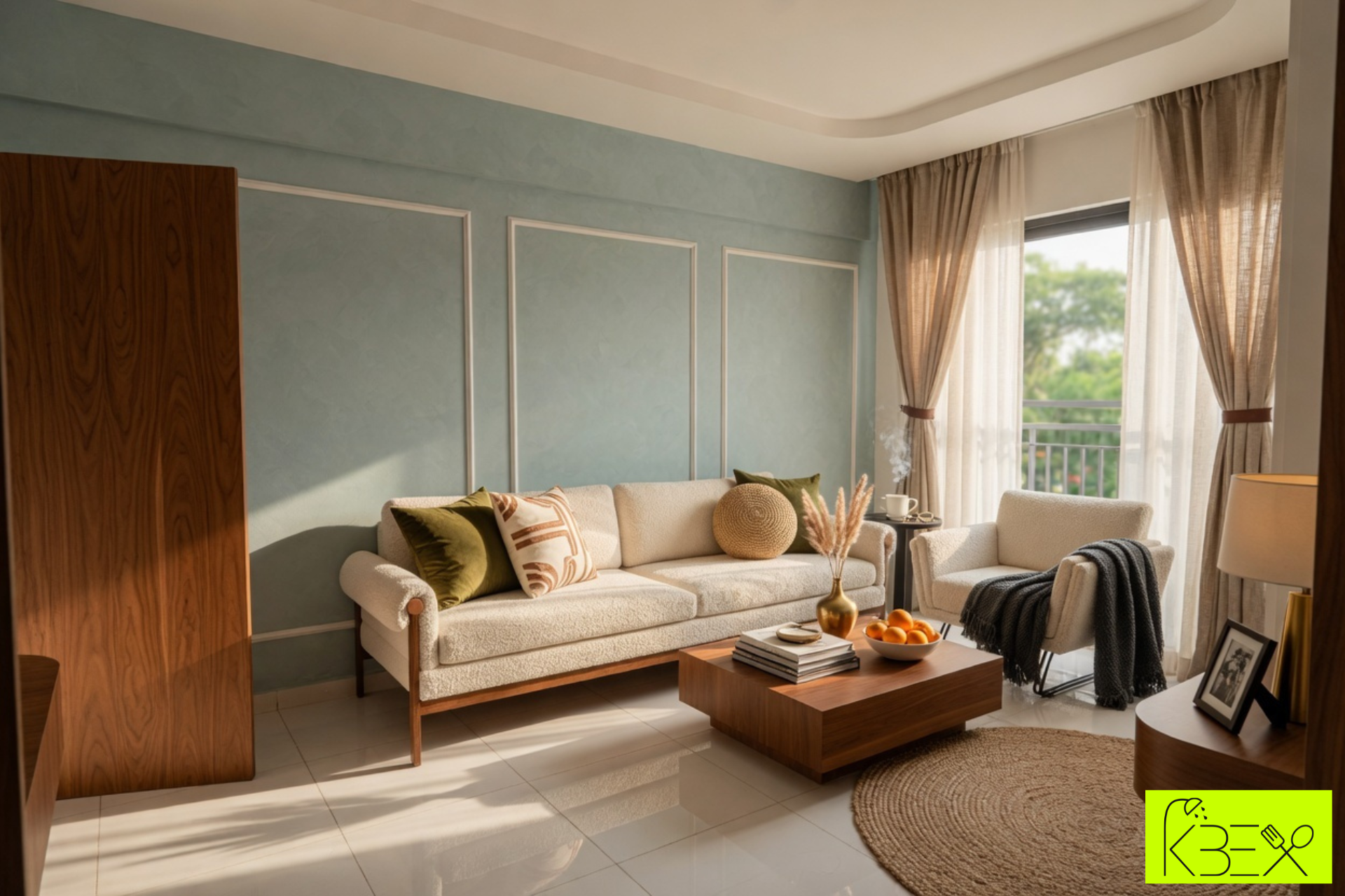 Soft pastel living room warm contemporary detailing interior design KBEX Ahmedabad