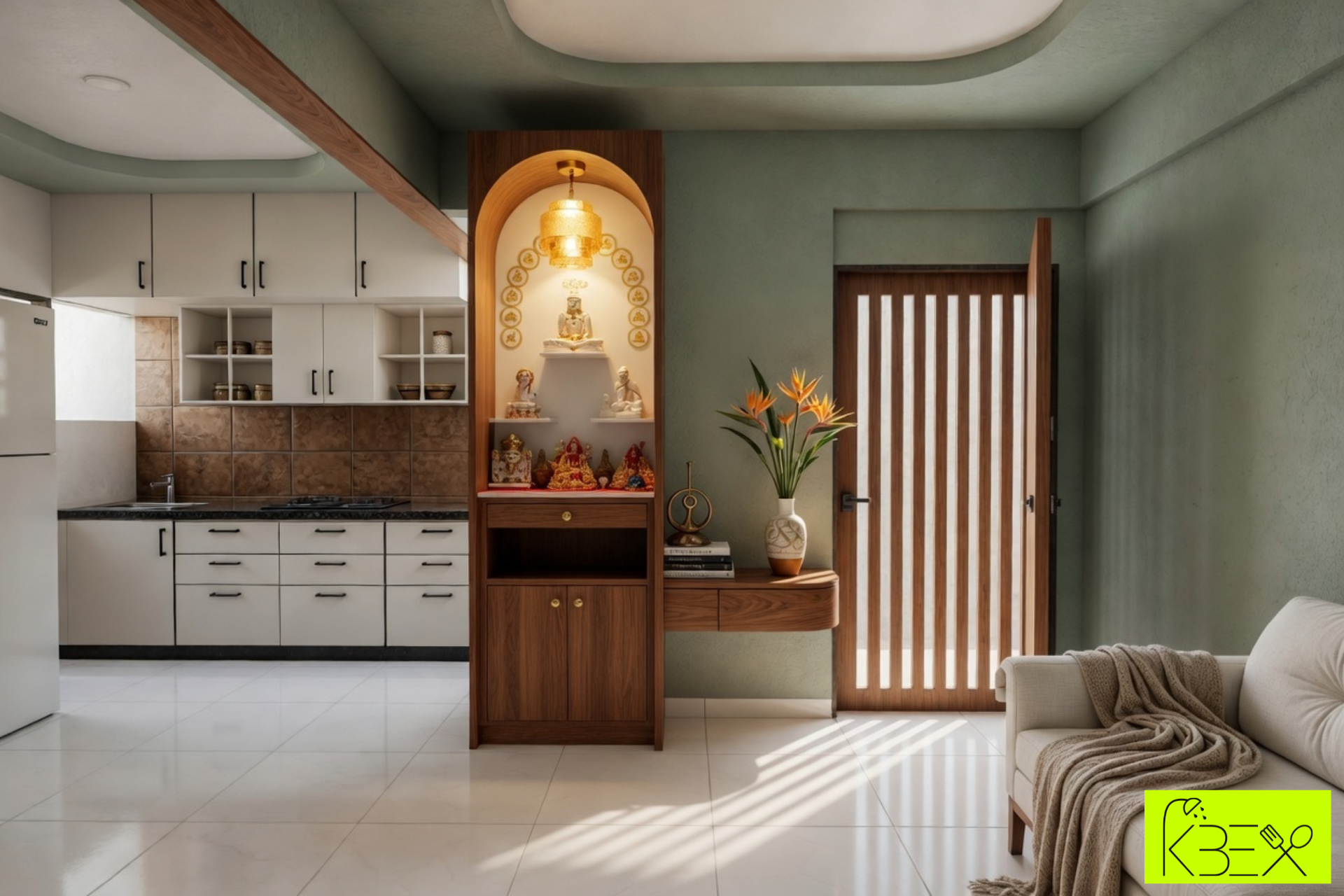 Seamless kitchen living integration spiritual focal element interior KBEX