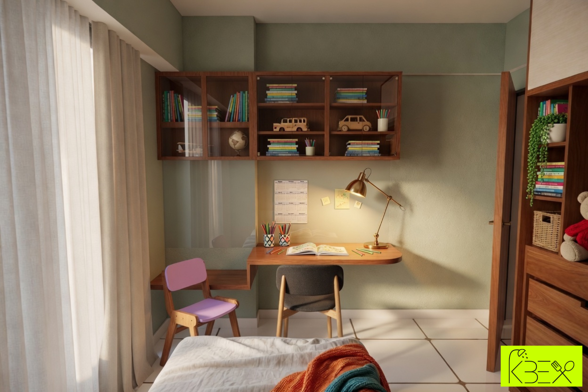 Compact study corner custom shelving warm ambience interior KBEX Ahmedabad