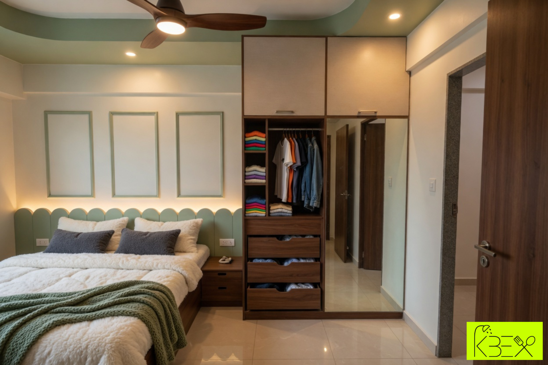 Contemporary bedroom integrated wardrobe muted palette interior KBEX Ahmedabad