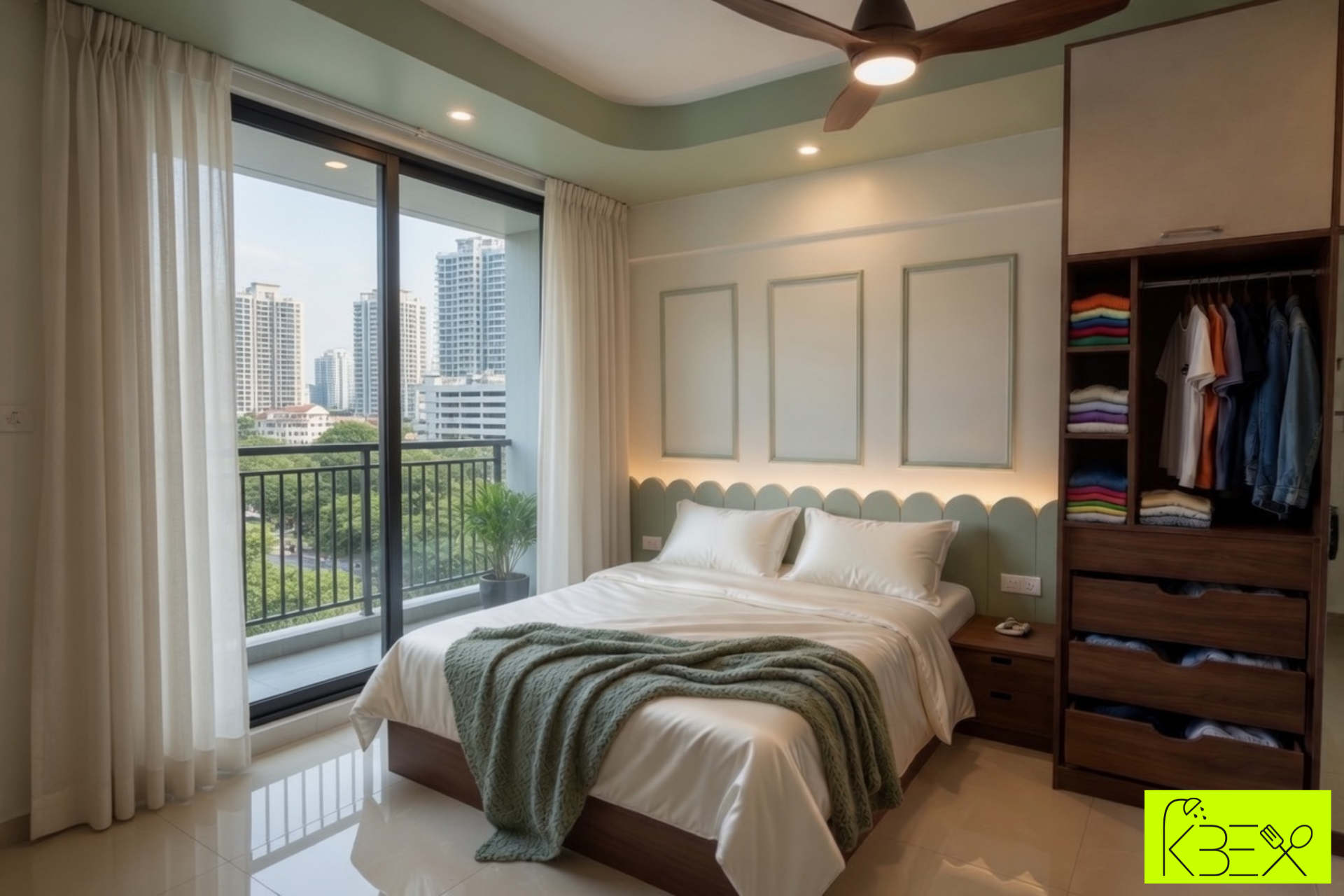 Bright master bedroom city skyline view interior design KBEX Ahmedabad