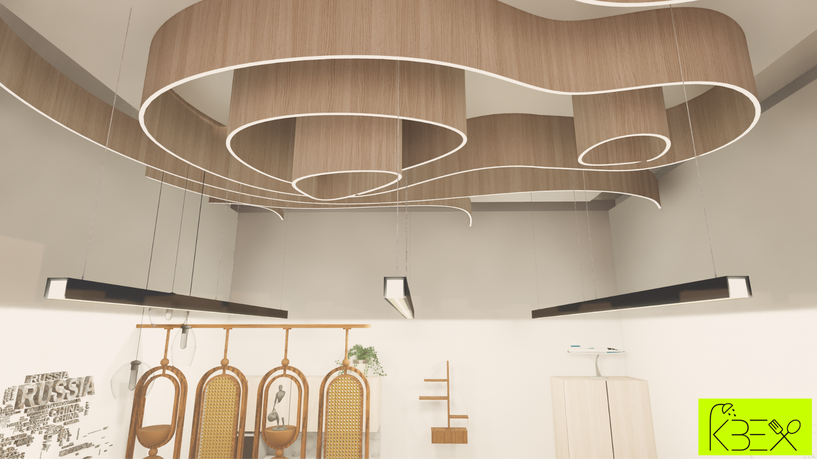 Fluid layered ceiling detail travel office Motera KBEX