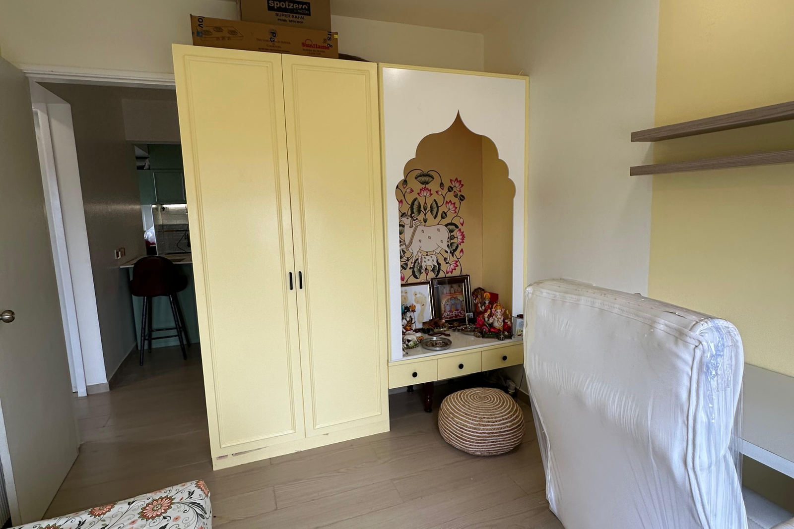 Yellow bedroom wardrobe pooja niche Shela KBEX