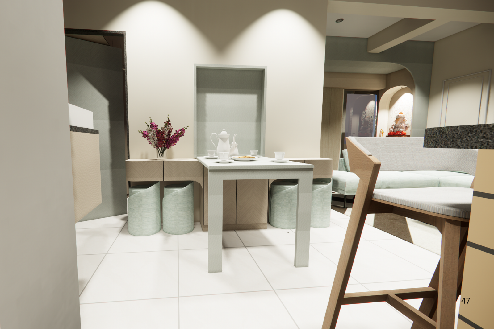 Open kitchen with island counter and warm accents in Shela Ahmedabad KBEX