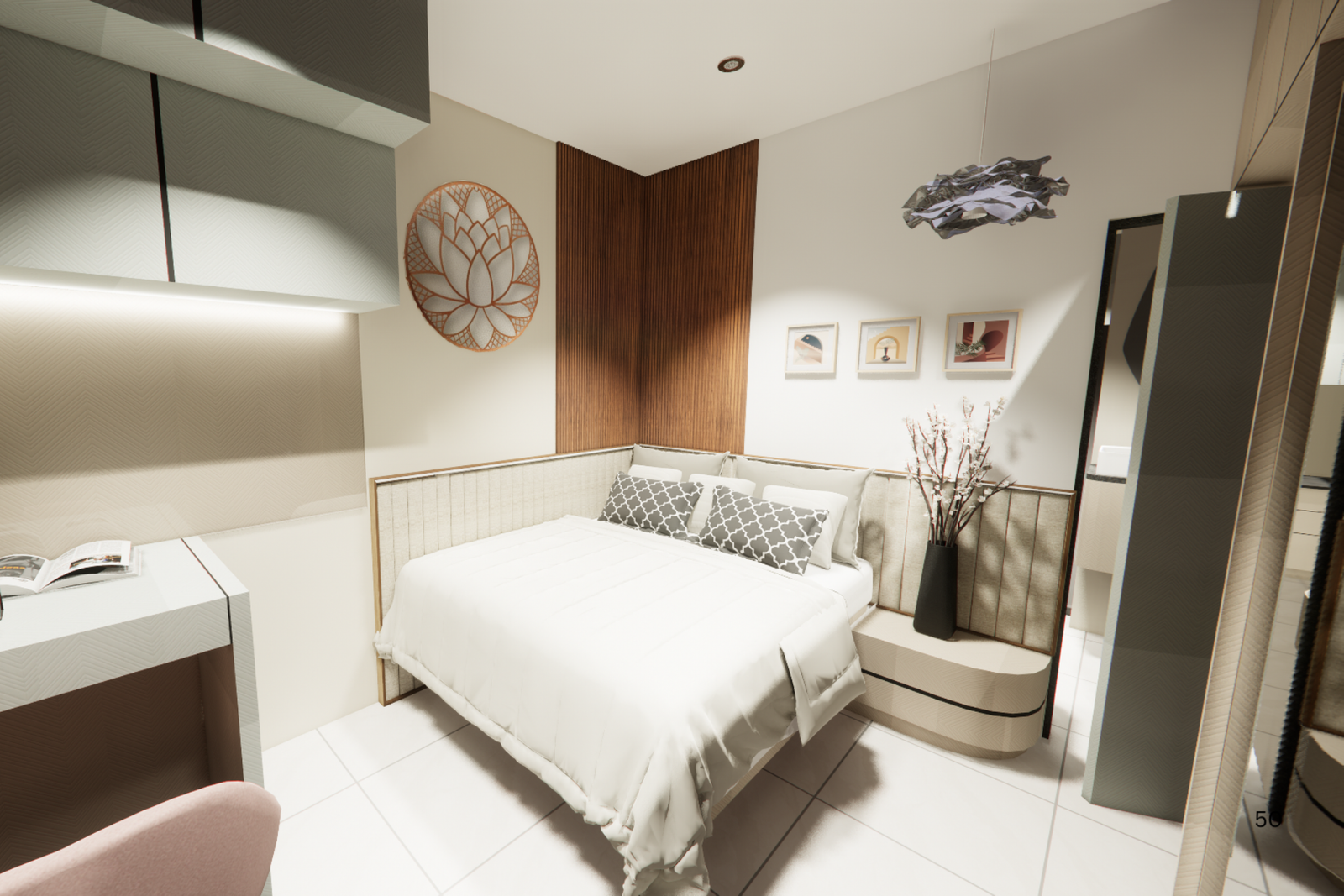 Master bedroom with upholstered headboard and warm finishes KBEX