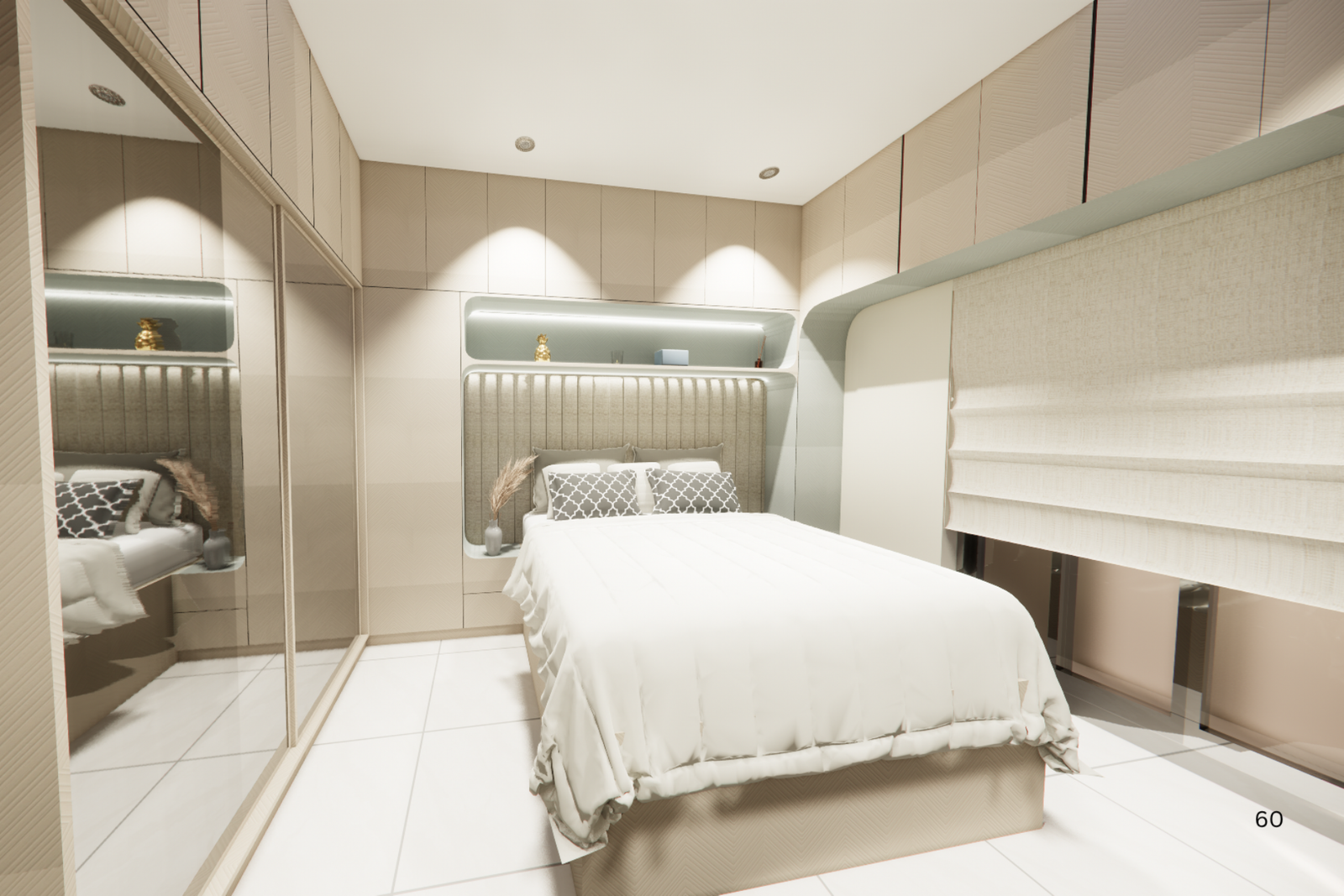 Bedroom interior with upholstered bed and full-height storage KBEX