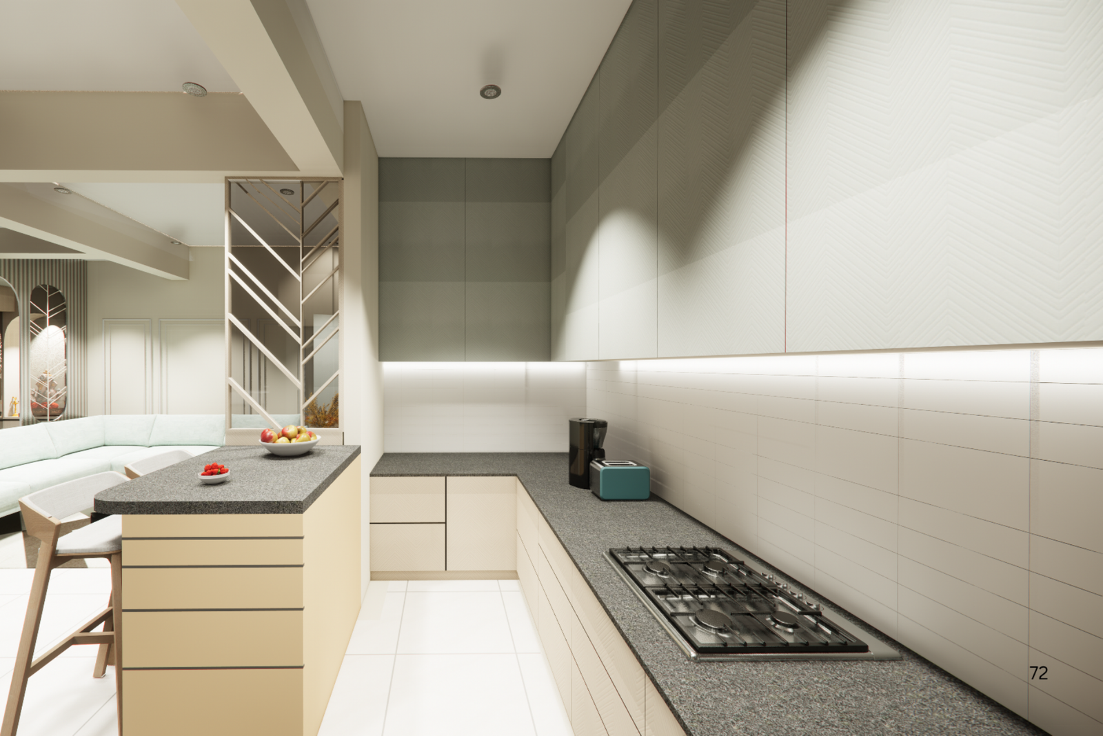 Kitchen counter with light cabinetry and minimal backsplash KBEX